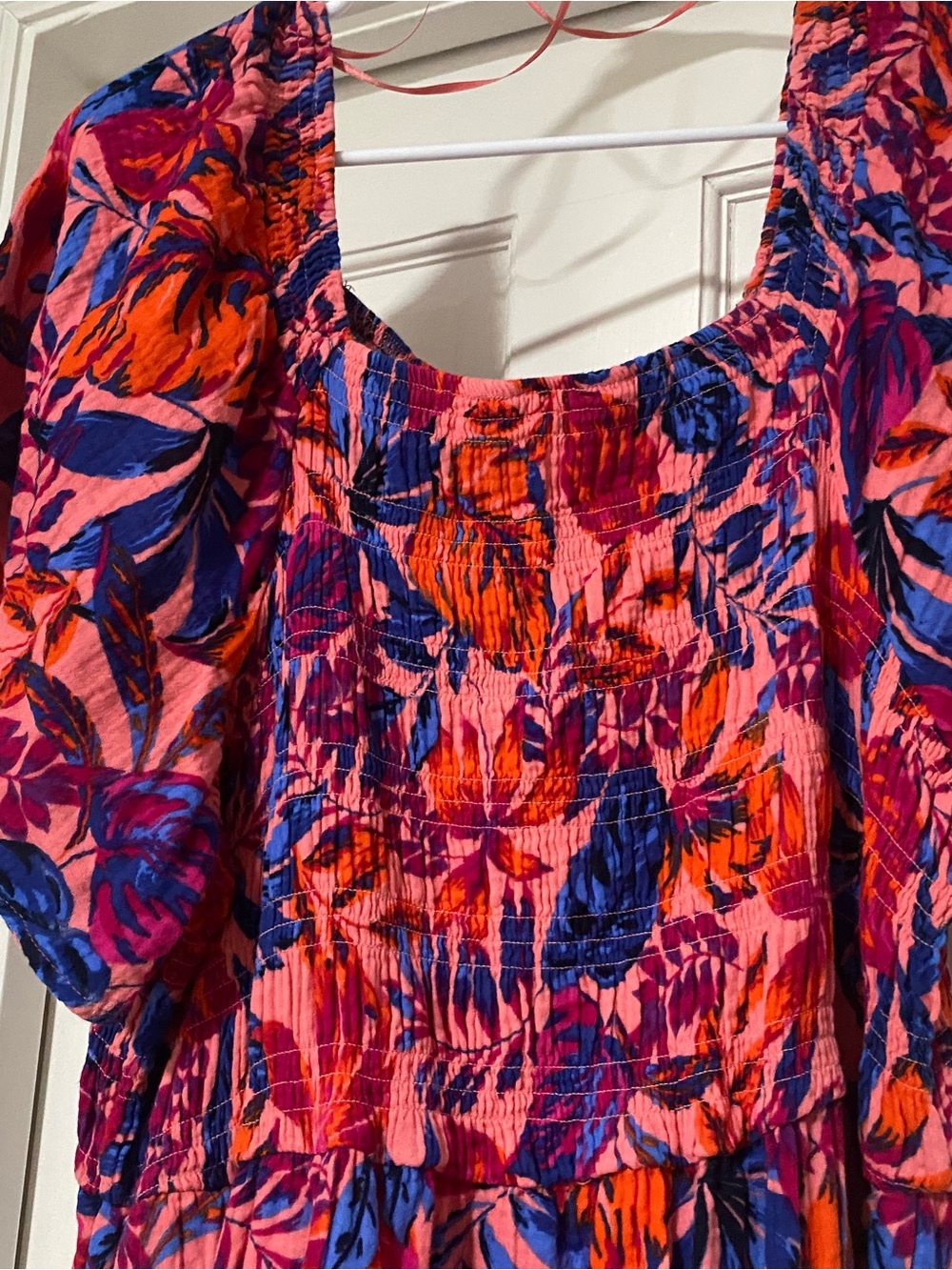 Terra & Sky Pink Floral Smocked Blouse with Blue and Orange Accents